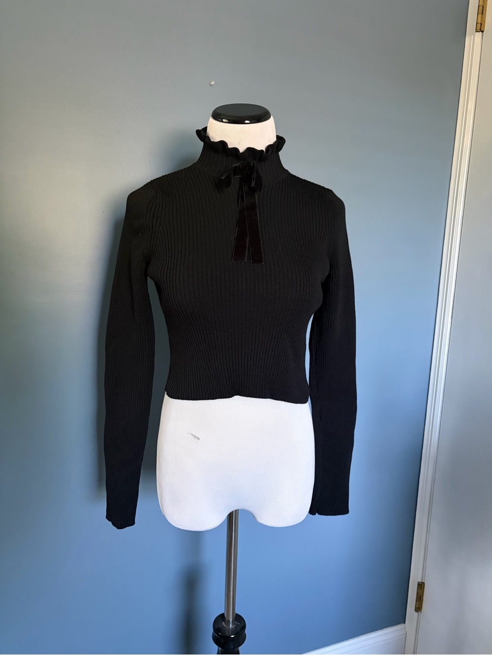 Zara Ribbed Long Sleeve Velvet Bow Turtleneck Sweater